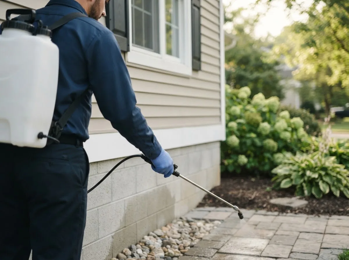 Pest control technician inspecting a home in Hague, NY